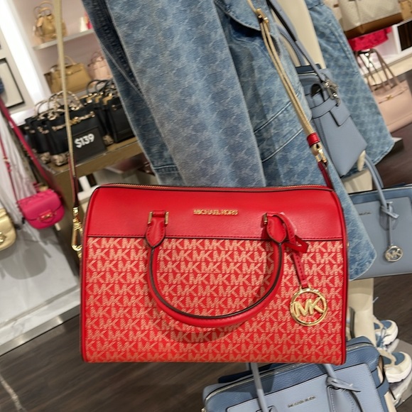 Michael Kors MK Jet Set Travel Medium Duffle Bag Satchel Bright Red MK Signature - Picture 12 of 16